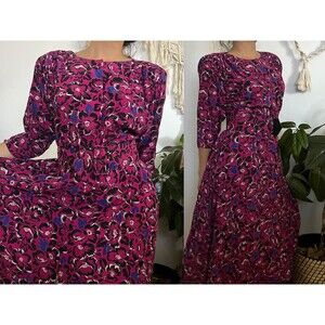 vtg 80s Jody California pink blue floral midi dress belted swing skirt‎ large
